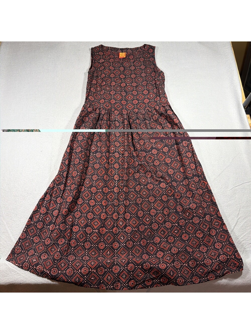 Cotton Cottage Hand-Block Print Ajrakh Sleeveless Maxi Dress  Size M 0159